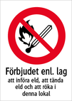 Förbjudet enl lag att införa eld, att tända eld och att röka i denna lokal