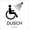 Taktil/Braille symbolskylt, RWC  DUSCH, vit/svart