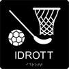 Taktil/Braille symbolskylt, IDROTT, m.grå/vit
