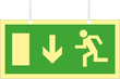 E-lys utgångsskylt, dubbelsidig med pil ner, hängande